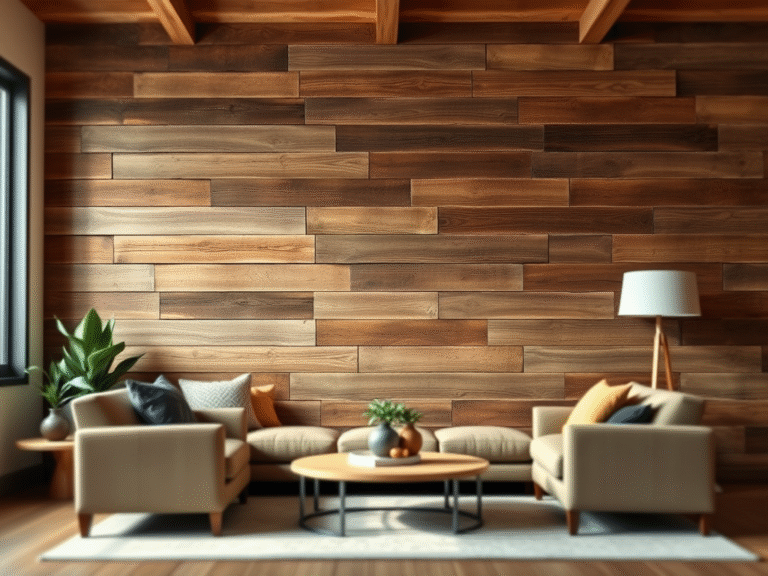 living room with a wood panelled wall