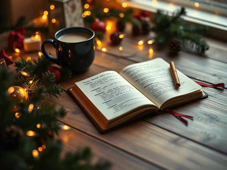 open bullet journal surrounded by Christmas decorations