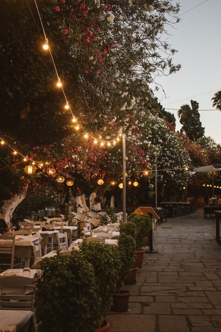 lights over the tables and chairs on a restaurant patio